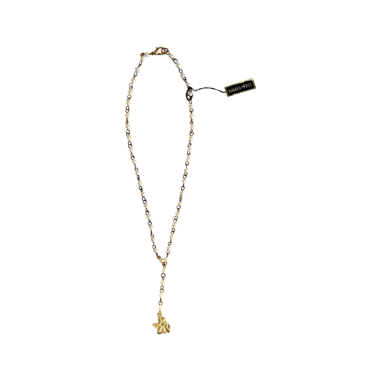 Gullfarget kjede med perledetaljer og engleanheng